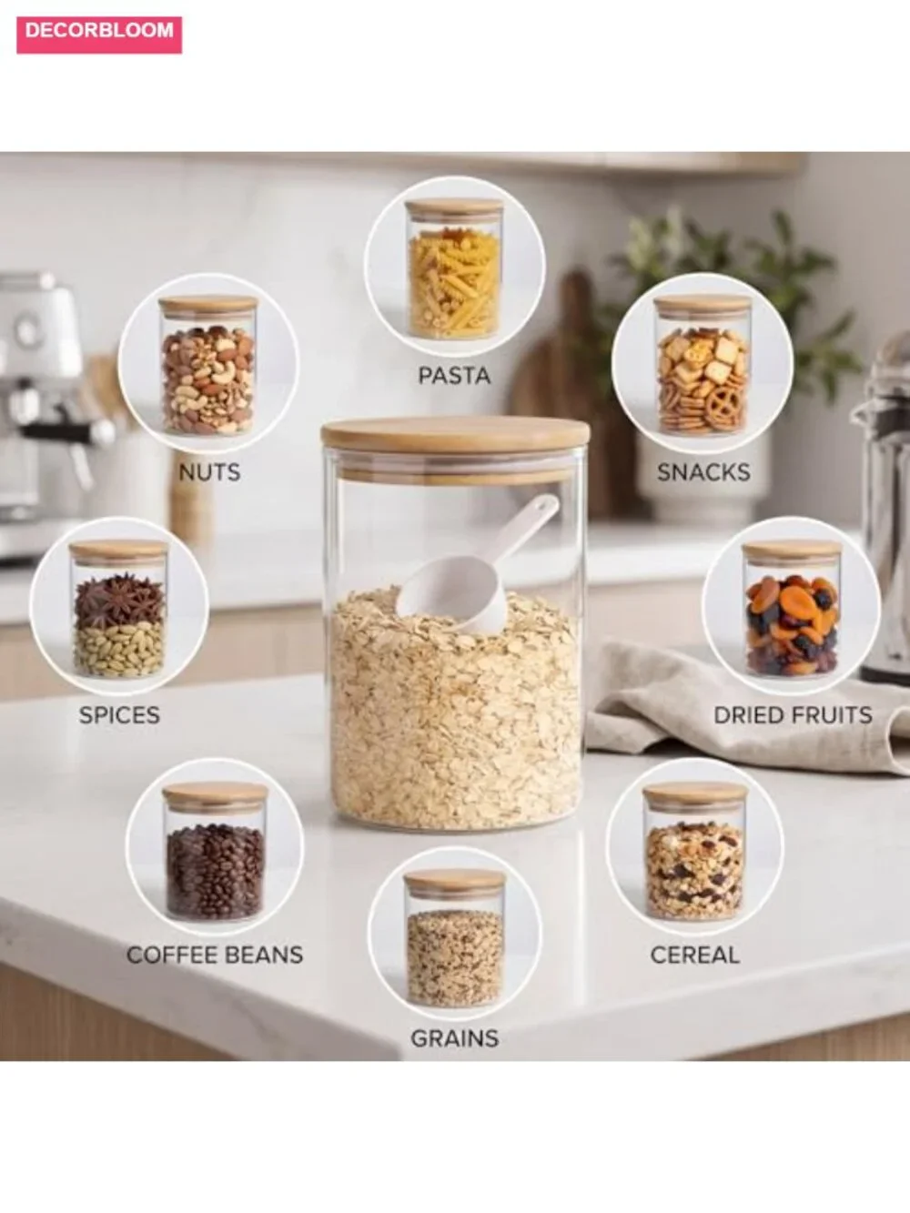 Glass Storage Jars Set with Airtight Bamboo Lids, 111oz & 37oz, Kitchen Food
